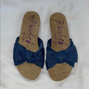 Denim bow slide sandals